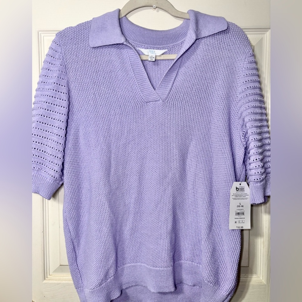 NWT Time and Tru Elbow Sleeve Polo Sweater Midweight Lilac Bud Large